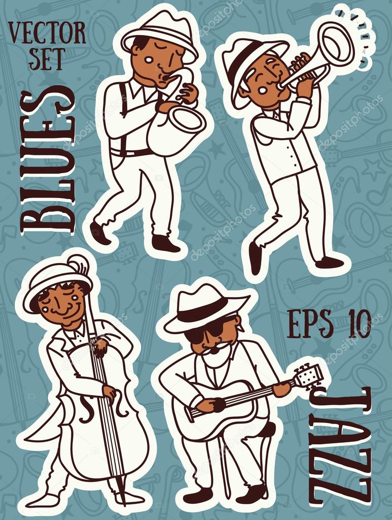 set of vector illustrations: cute doodle jazz musicians
