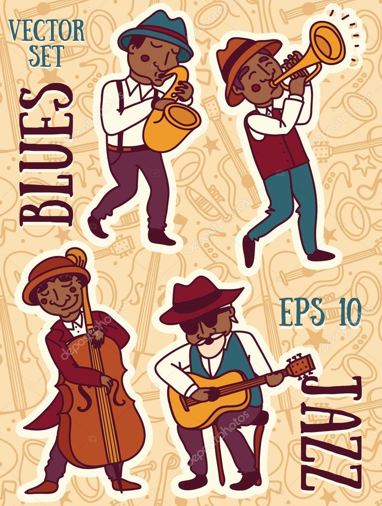 set of vector illustrations: cute doodle jazz musicians