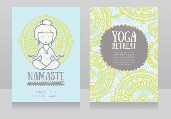 Cards template for yoga retreat or yoga studio with cute girl in meditation — Stock Vector