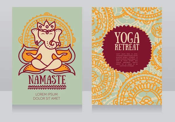 Plantilla de tarjetas para retiro de yoga con lord ganesha en meditación — Vector de stock