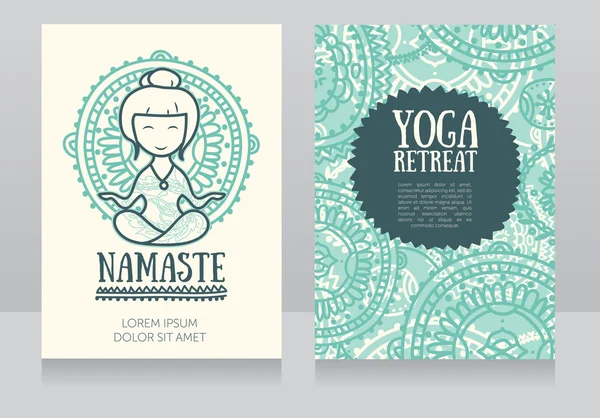 Plantilla de tarjetas para retiro de yoga o estudio de yoga con linda chica en meditación — Archivo Imágenes Vectoriales