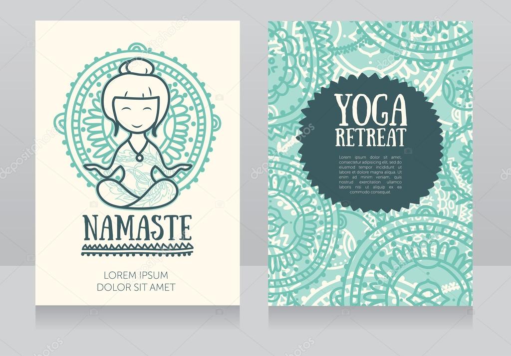 cards template for yoga retreat or yoga studio with cute girl in meditation