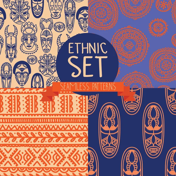 アフリカの部族のマスクとシームレスなパターンのセット — ストックベクタ
