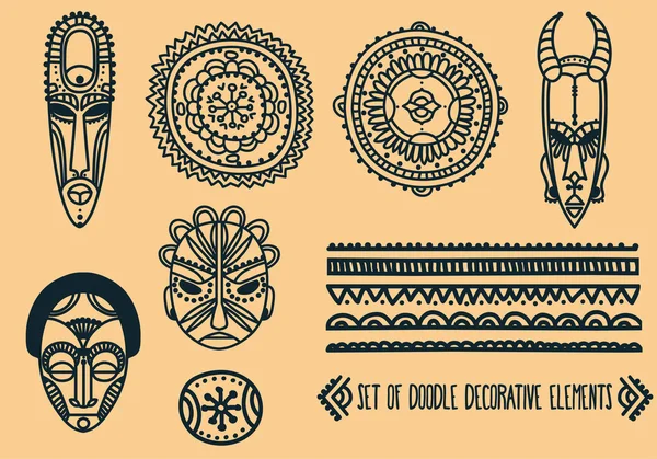 Conjunto de máscaras africanas tradicionales y ornamentos africanos — Vector de stock