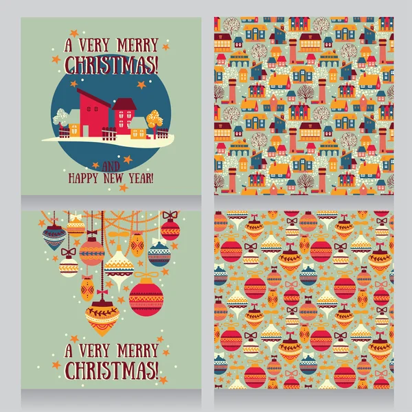 Conjunto de tarjetas y patrones para feliz Navidad — Vector de stock