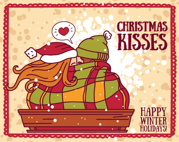 カップルのキスと素敵なクリスマスのためのかわいいカード — ストックベクタ