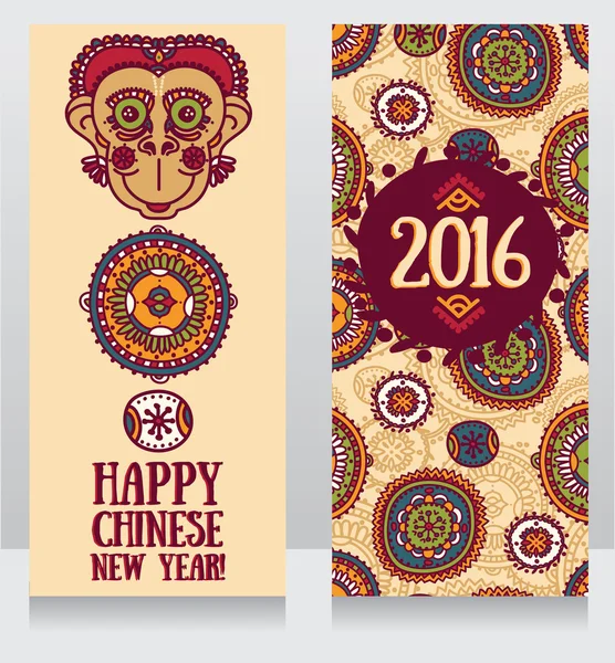 Dwie karty do szczęśliwego nowego roku z ornamentem małpa i etnicznych — Wektor stockowy