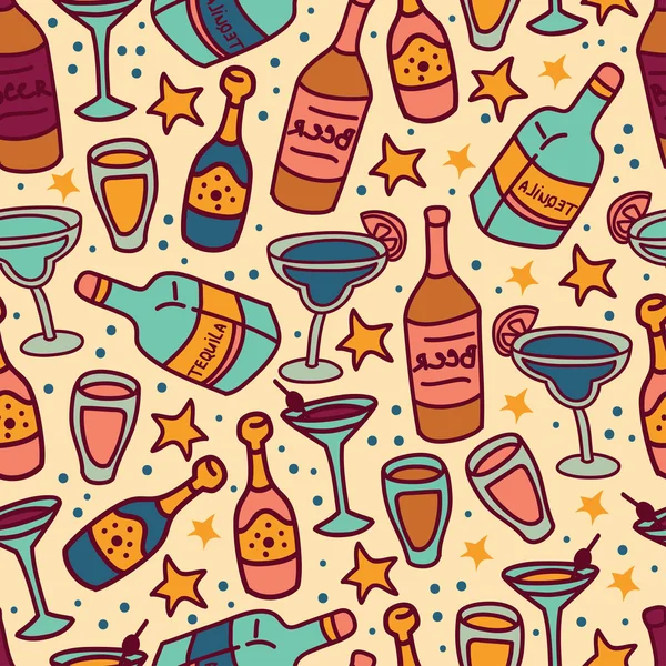 Seamless pattern with cocktails and bottles of alcohol — Stock Vector