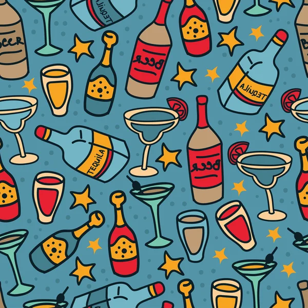 Naadloze patroon met cocktails en flessen van alcohol — Stockvector