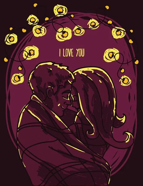 Hermosa tarjeta con besos pareja y guirnalda con luces — Vector de stock