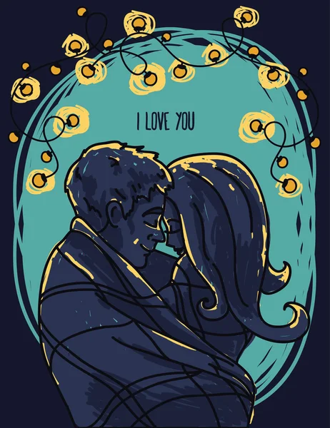 Vackert kort med kyssar par och garland med ljus — Stock vektor