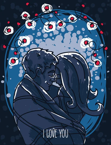 Hermosa tarjeta con besos pareja y guirnalda con luces — Vector de stock