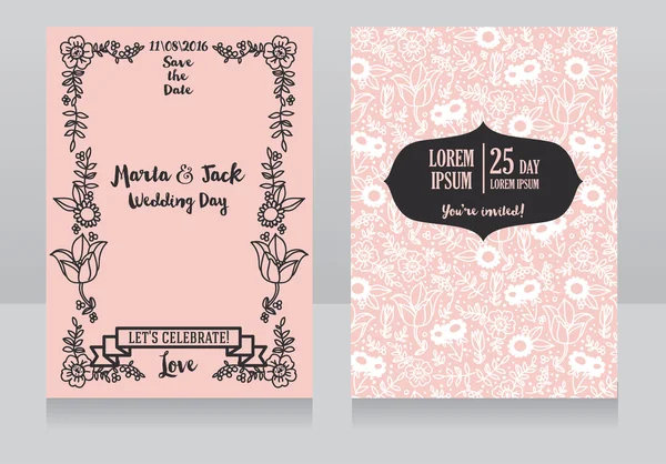 Cartões de casamento com flores doodle — Vetor de Stock