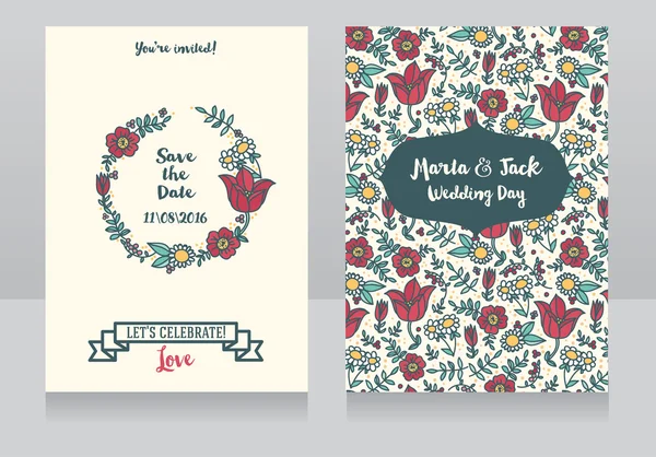 Κάρτες γάμου με λουλούδια doodle — Διανυσματικό Αρχείο