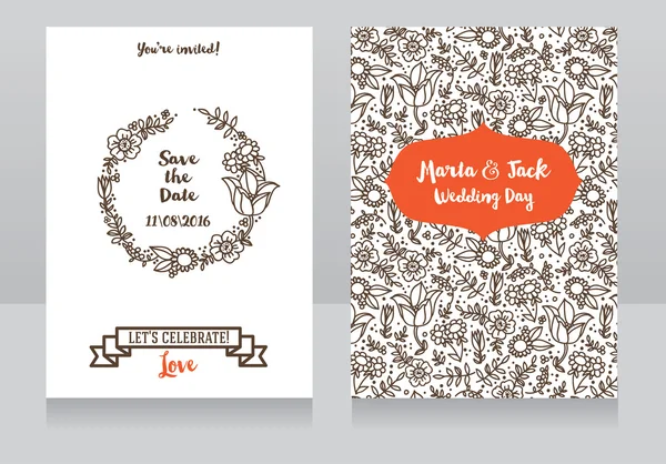 Cartões de casamento com flores doodle — Vetor de Stock