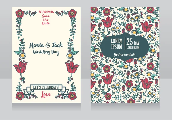 Cartões de casamento com flores doodle — Vetor de Stock