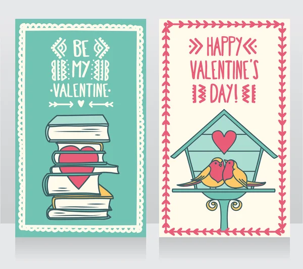 Due carte carine per il giorno di San Valentino, bella coppia di uccelli e libri con cuore — Vettoriale Stock