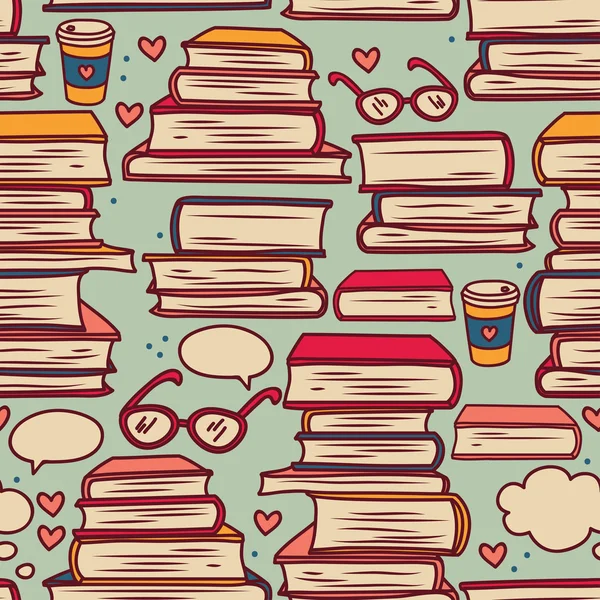 Nahtloses Muster mit Stapeln von Büchern und Herzen — Stockvektor