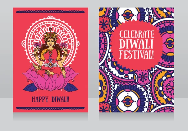 Krásné přání pro diwali festival indické bohyně Lakšmí a barevný ornament — Stockový vektor