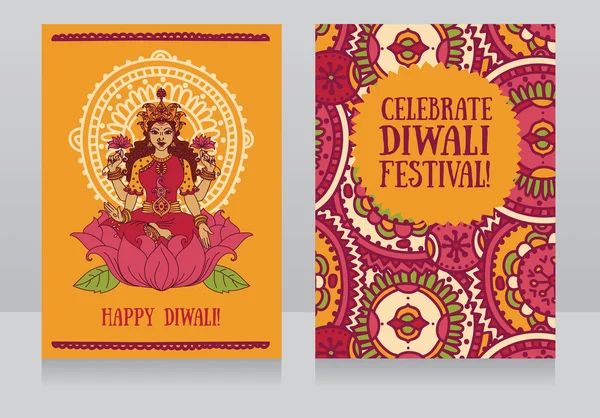 Belles cartes de vœux pour le festival diwali avec la déesse indienne Lakshmi et ornement coloré — Image vectorielle