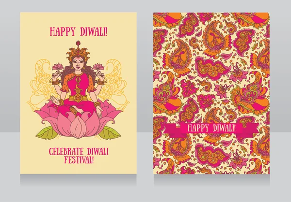 Belles cartes de vœux pour le festival diwali avec la déesse indienne Lakshm — Image vectorielle