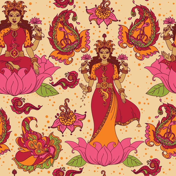 Красивый бесшовный узор с индийской богиней Лакшми и украшением из пейсли — стоковый вектор