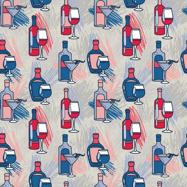 Seamless pattern with alcohol bottles and strokes — Stock Vector