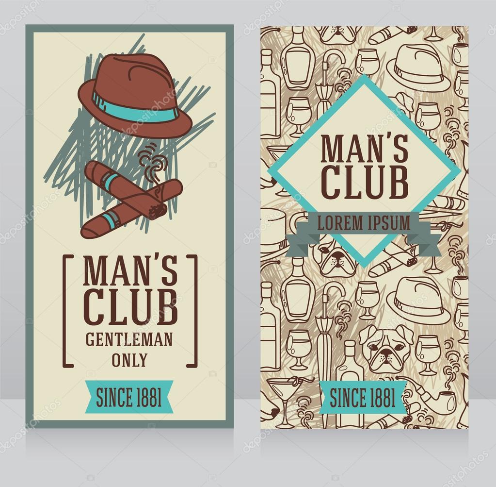 Two business cards for gentlemen club, can be used as party invitations, vector illustrations