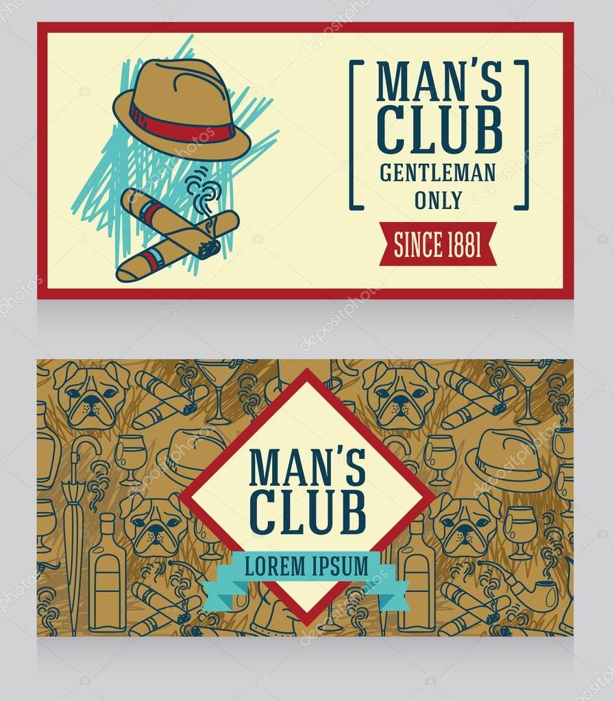 Two business cards for gentlemen club, can be used as party invitations, vector illustrations