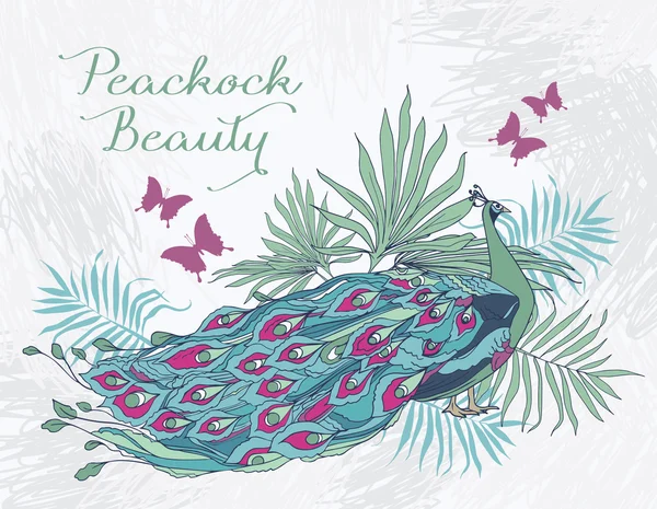 Prachtige Pauw met palmbladeren en vlinders — Stockvector