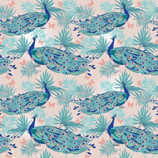 seamless background with beautiful peacocks and palm leaves