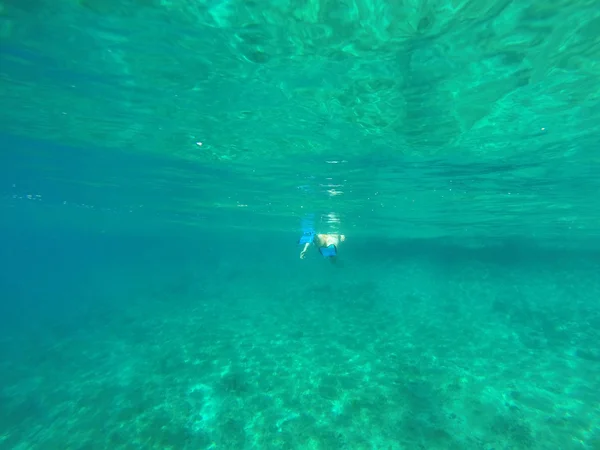 Подводный вид женщины, ныряющей с маской в тропическом море — стоковое фото