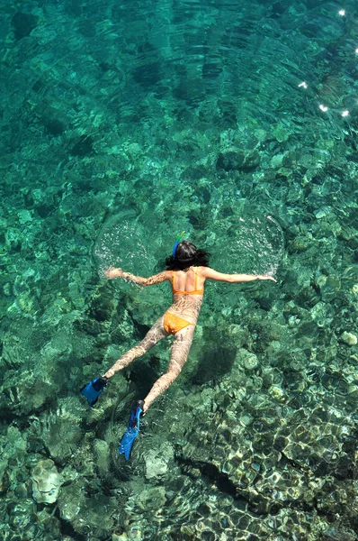 Mujer joven haciendo snorkel en mar transparente y poco profundo —  Fotos de Stock