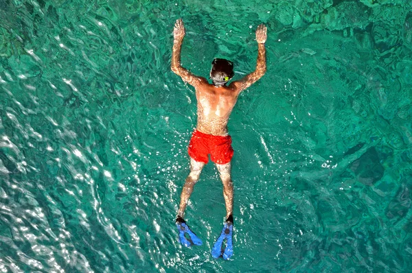 Hombre haciendo snorkel en un mar tropical — Foto de Stock