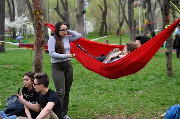 Jóvenes relajándose en hamacas en el parque — Foto de Stock