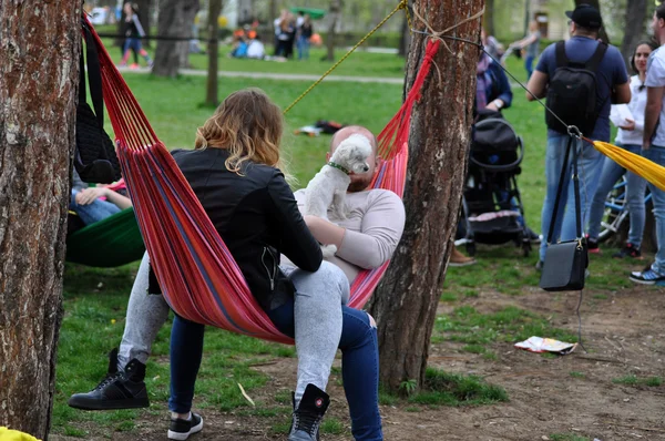 Young people relaxing in hammocks in the park — Stock Photo, Image