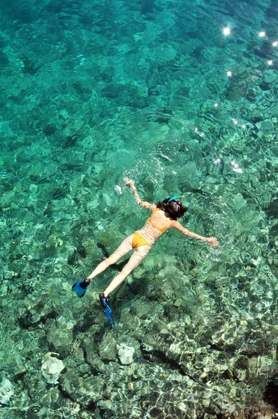 Młoda kobieta w strój kąpielowy z rurką w jasne płytkie morza tropikalne — Zdjęcie stockowe