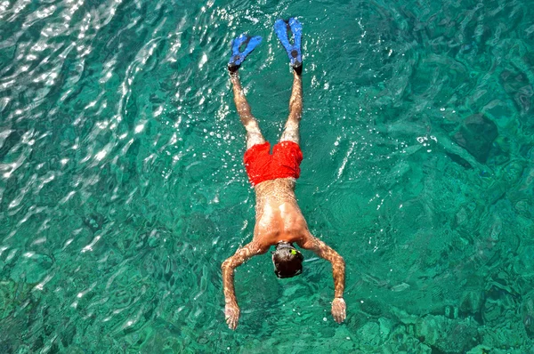 Šnorchlování muž v tropickém moři. Phuket, Thajsko — Stock fotografie