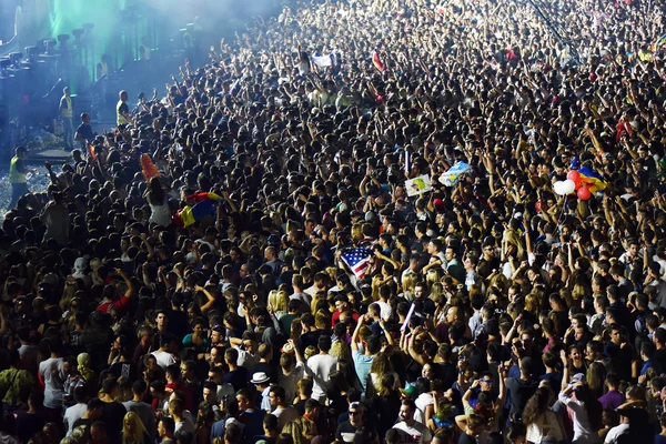 Μεγάλο πλήθος των ανθρώπων σε μια συναυλία στο μπροστινό μέρος του σταδίου — Φωτογραφία Αρχείου