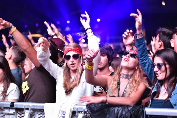 Crowd with raised arms at a live concert — Stock Photo, Image