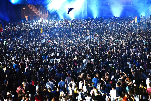 Foule à un concert de musique, public levant la main — Photo