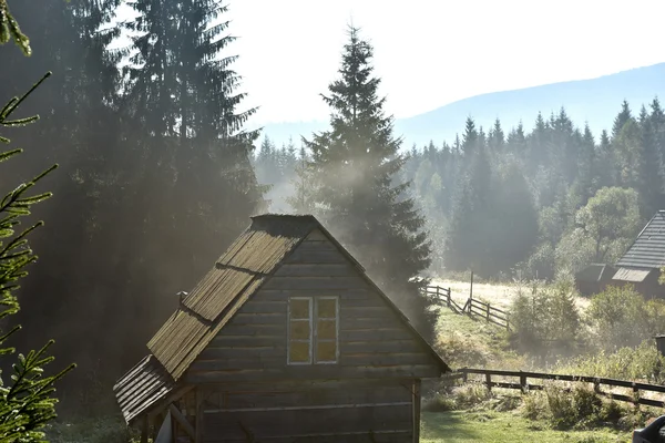 Lesní a lodge se zvýšil z ranní podzimní mlha — Stock fotografie