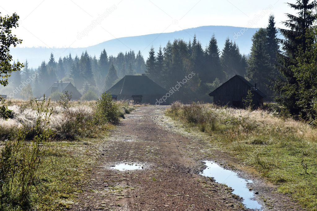 Forest and lodge increased from early morning autumn fog