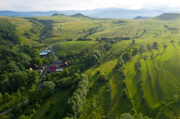 Flying Village Transylvania Aerial Drone View Manastireni Romania Drone — Stock Photo, Image