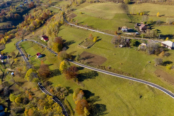 Luchtfoto Van Het Epische Landschap Weg Herfst Bos Van Boven — Stockfoto