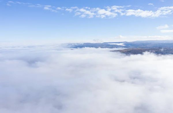 Aerial Drone Shot Flying Clouds Misty Morning — Foto de Stock