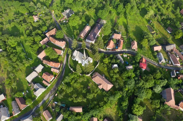 Aerial Drone Point View Whitewashed Protestant Church Manastireni Transylvania Romania — Stock Photo, Image