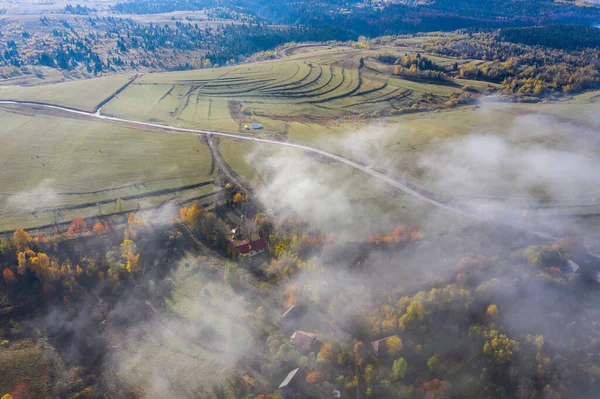 Aerial View Countryside Meadow Autumn Flying Clouds Drone Point View — Stock Photo, Image