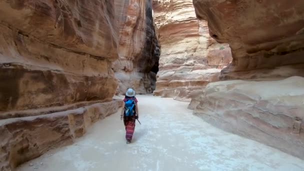 Mulher Turística Caminhando Pelo Desfiladeiro Siq Patrimônio Unesco Petra Jordânia — Vídeo de Stock