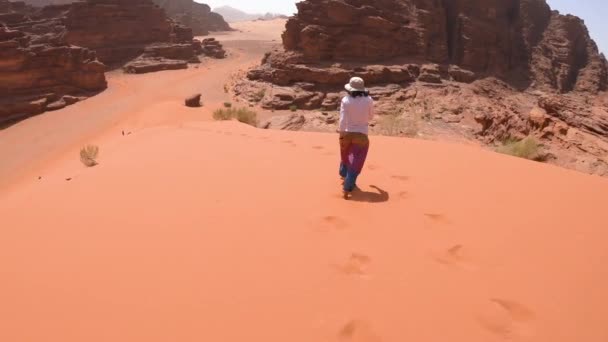 Solitario Sexy Ragazza Trekking Pantaloni Salwar Colorati Nel Deserto Wadi — Video Stock